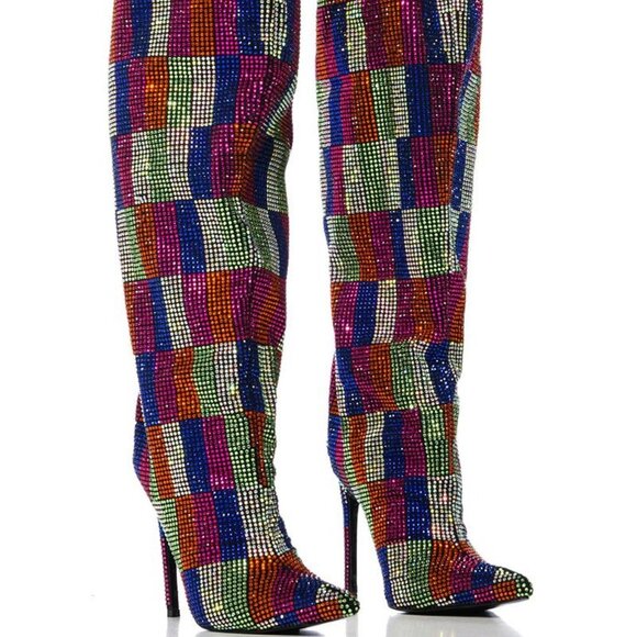 AZALEA WANG " GLOBAL CHECKMATE " MULTI CHECKERBOARD RHINESTONE  BOOT(BRAND NEW ! - Picture 1 of 10